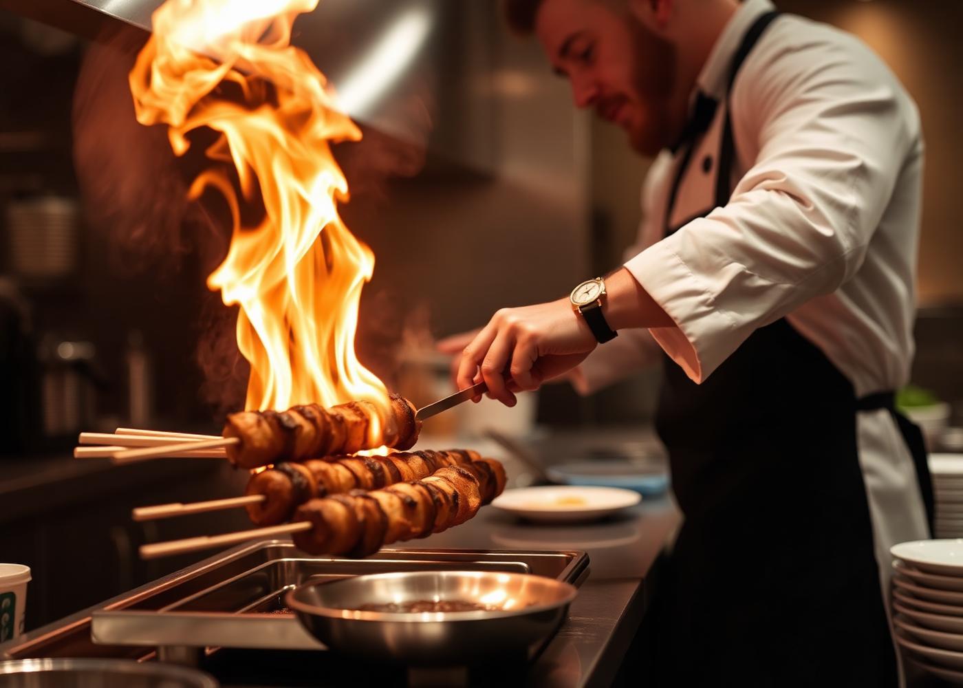 Chef preparing kebabs at live counter
