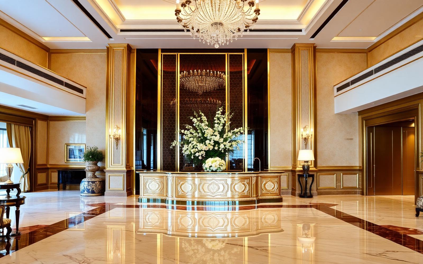 Grand marble lobby with chandelier at Shree Hotel Gurgaon